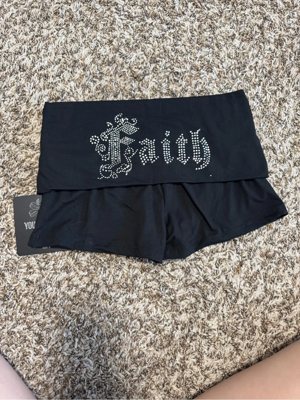 Black Women's Fold-Over Faith Shorts with Stud Detail